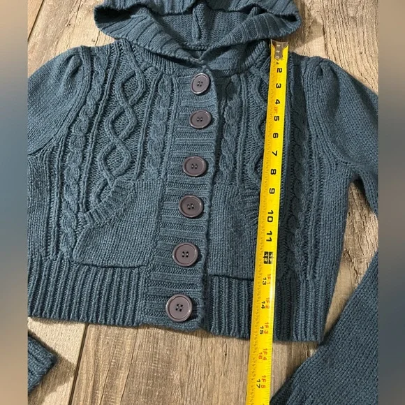 Love Rocks Midnight Blue Hooded Button Down Cableknit Cropped Sweater - M - Picture 8 of 12